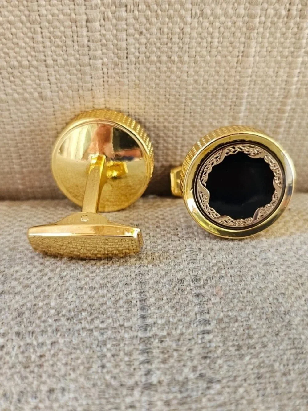 Father Day Gift Cufflinks Black/Gold Tone Round Shape Cuff Links Stud Fashion